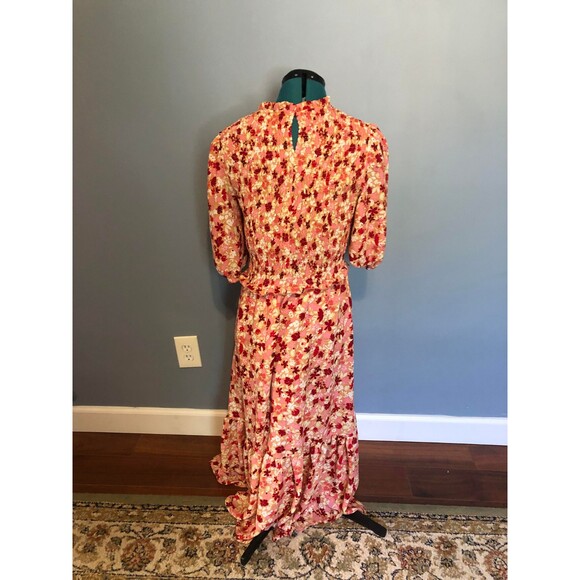 Nanette Lepore Smocked Floral Printed Red + Pink Midi Dress, size 10 - Picture 2 of 6